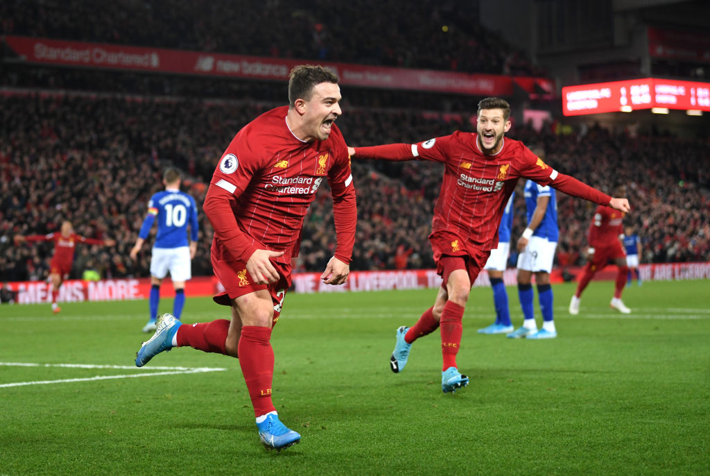 LIVERPOOL, ENGLAND - DECEMBER 04: Xherdan Shaqiri of Liverpool celebrates after scoring his team's second goal during the Premier League match between Liverpool FC and Everton FC at Anfield on December 04, 2019 in Liverpool, United Kingdom. (Photo by Laurence Griffiths/Getty Images)