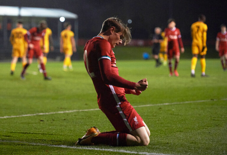 KIRKBY, ENGLAND - MARCH 16: (THE SUN OUT, THE SUN ON SUNDAY OUT) Ethan Ennis of Liverpool celebrates scoring Liverpool's sixth goal and completing his hat trick during the FA Youth Cup Third round match between Liverpool and Sutton United at AXA Training Centre on March 16, 2021 in Kirkby, England. (Photo by Nick Taylor/Liverpool FC/Liverpool FC via Getty Images)