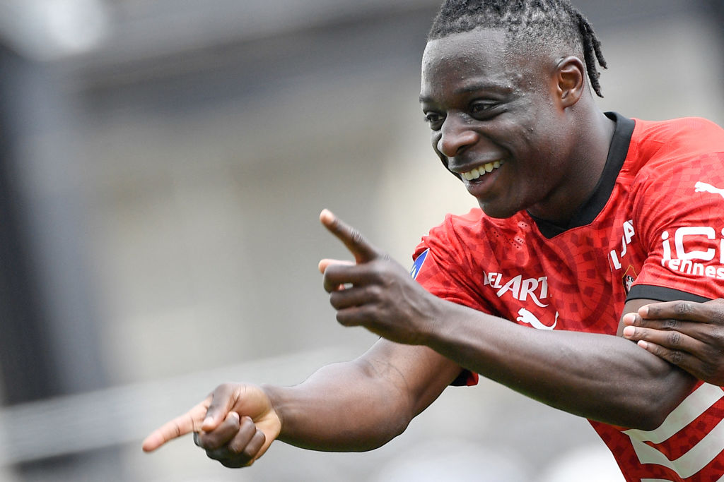 Rennes' Belgian forward Jeremy Doku celebrates after scoring during the French L1 football match between SCO Angers and SRFC Rennes at the Raymond Kopa Stadium in Angers, western France, on April 17, 2021. (Photo by LOIC VENANCE / AFP) (Photo by LOIC VENANCE/AFP via Getty Images)