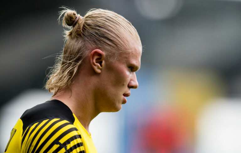 ALTACH, AUSTRIA - JULY 30: Erling Haaland in action during the Preseason Friendly match between Borussia Dortmund and FC Bologna on July 30, 2021 in Altach, Austria. (Photo by Alexandre Simoes/Borussia Dortmund via Getty Images)