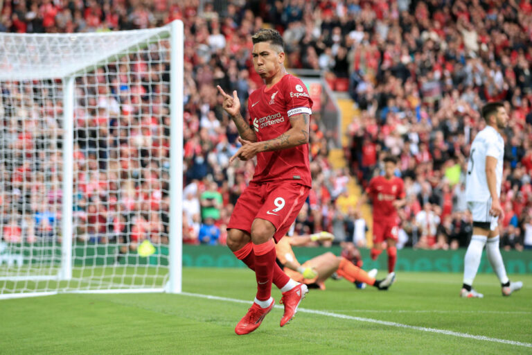 LIVERPOOL, ENGLAND - AUGUST 09: Roberto Firmino of Liverpool celebrates after scoring their 2nd goal during the pre-season friendly match between Liverpool and Osasuna at Anfield on August 9, 2021 in Liverpool, England. (Photo by Simon Stacpoole/Offside/Offside via Getty Images)