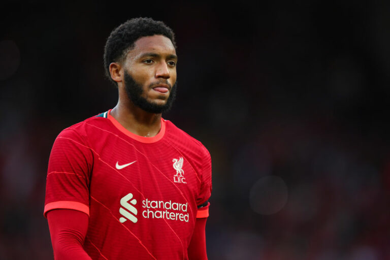 LIVERPOOL, ENGLAND - AUGUST 09: Joe Gomez of Liverpool during the Pre-Season Friendly fixture between Liverpool and Osasuna at Anfield on August 9, 2021 in Liverpool, England. (Photo by Robbie Jay Barratt - AMA/Getty Images)