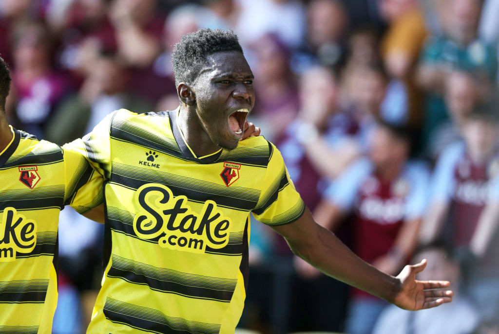WATFORD, ENGLAND - AUGUST 14: Ismaila Sarr of Watford celebrates scoring their 2nd goal during the Premier League match between Watford and Aston Villa at Vicarage Road on August 14, 2021 in Watford, England. (Photo by Charlotte Wilson/Offside/Offside via Getty Images)