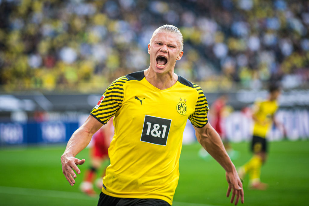DORTMUND, GERMANY - AUGUST 14: (EDITORS NOTE: Image has been digitally enhanced.) Erling Haaland of Dortmund reacts during the Bundesliga match between Borussia Dortmund and Eintracht Frankfurt at Signal Iduna Park on August 14, 2021 in Dortmund, Germany. (Photo by Lukas Schulze/Bundesliga/Bundesliga Collection via Getty Images)