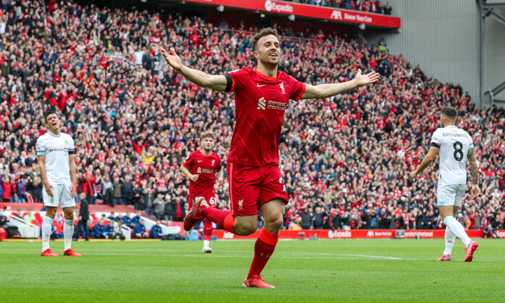 LIVERPOOL, ENGLAND - AUGUST 21: Liverpool's Diogo Jota celebrates scoring the opening goal during the Premier League match between Liverpool and Burnley at Anfield on August 21, 2021 in Liverpool, England. (Photo by Alex Dodd - CameraSport via Getty Images)