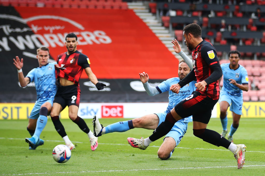 BOURNEMOUTH, ENGLAND - APRIL 10: Arnaut Danjuma of AFC Bournemouth scores their team's second goal during the Sky Bet Championship match between AFC Bournemouth and Coventry City at Vitality Stadium on April 10, 2021 in Bournemouth, England. Sporting stadiums around the UK remain under strict restrictions due to the Coronavirus Pandemic as Government social distancing laws prohibit fans inside venues resulting in games being played behind closed doors. (Photo by Warren Little/Getty Images)
