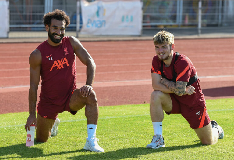 UNSPECIFIED, AUSTRIA - AUGUST 02: (THE SUN OUT. THE SUN ON SUNDAY OUT) Mohamed Salah and Harvey Elliott of Liverpool during a training session on August 02, 2021 in UNSPECIFIED, Austria. (Photo by John Powell/Liverpool FC via Getty Images)