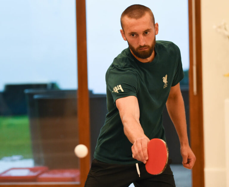 EVIAN-LES-BAINS, FRANCE - AUGUST 06: (THE SUN OUT. THE SUN ON SUNDAY OUT) Nathaniel Phillips of Liverpool during a Table Tennis Tournament at Their Pre-Season Training Camp on August 06, 2021 in Evian-les-Bains, France. (Photo by John Powell/Liverpool FC via Getty Images)