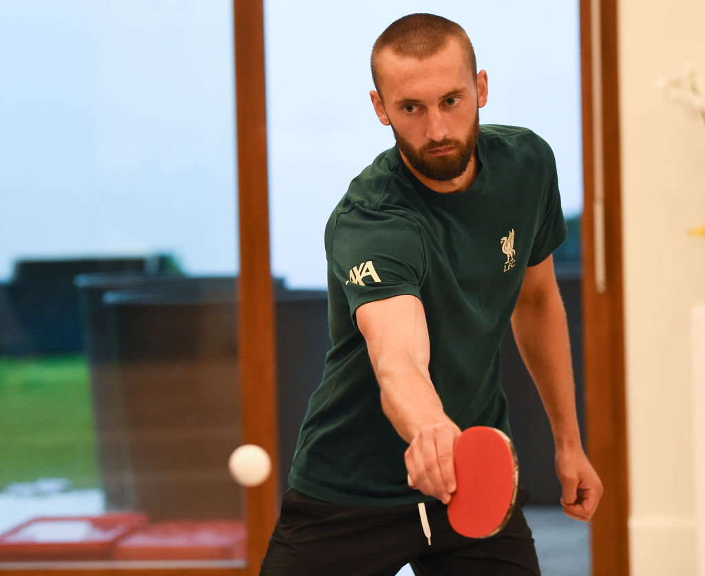 EVIAN-LES-BAINS, FRANCE - AUGUST 06: (THE SUN OUT. THE SUN ON SUNDAY OUT) Nathaniel Phillips of Liverpool during a Table Tennis Tournament at Their Pre-Season Training Camp on August 06, 2021 in Evian-les-Bains, France. (Photo by John Powell/Liverpool FC via Getty Images)