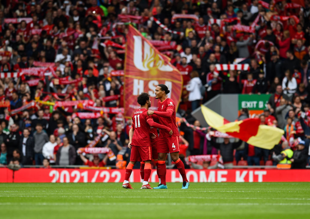 LIVERPOOL, ENGLAND - AUGUST 08: (THE SUN OUT, THE SUN ON SUNDAY OUT) Virgil van Dijk and Mohamed Salah of Liverpool at the start of the pre season friendly match between Liverpool and Athletic Club at Anfield on August 08, 2021 in Liverpool, England. (Photo by Andrew Powell/Liverpool FC via Getty Images)