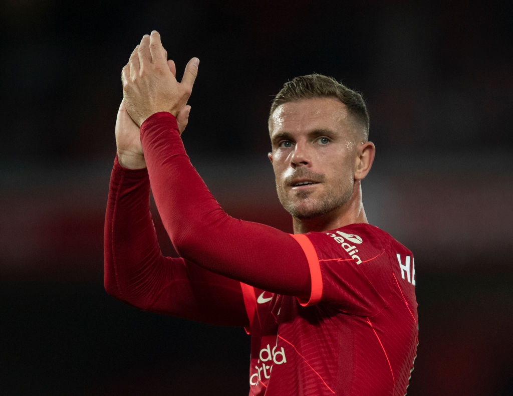 LIVERPOOL, ENGLAND - AUGUST 09: Jordan Henderson of Liverpool applauds the fans after the pre season friendly between Liverpool and CA Osasuna at Anfield on August 9, 2021 in Liverpool, England. (Photo by Visionhaus/Getty Images)