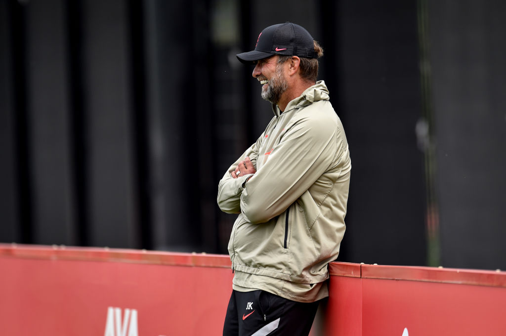 KIRKBY, ENGLAND - AUGUST 11: (THE SUN OUT, THE SUN ON SUNDAY OUT) Jurgen Klopp manager of Liverpool during a training session at AXA Training Centre on August 11, 2021 in Kirkby, England. (Photo by Andrew Powell/Liverpool FC via Getty Images)
