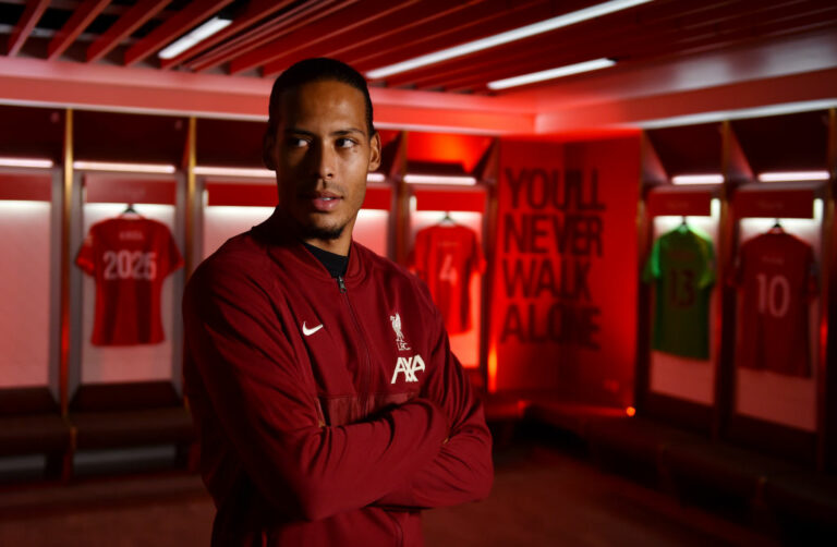 KIRKBY, ENGLAND - AUGUST 13: (THE SUN OUT, THE SUN ON SUNDAY OUT) Virgil van Dijk of Liverpool after signing a new contact for Liverpool Football Club at Anfield on August 13, 2021 in Kirkby, England. (Photo by Andrew Powell/Liverpool FC via Getty Images)