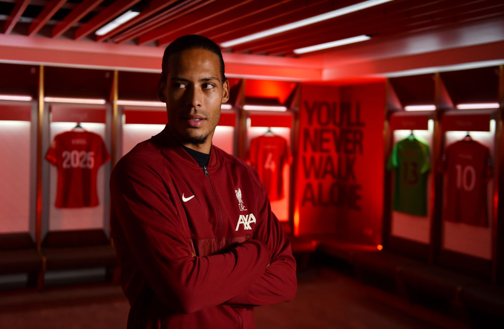 KIRKBY, ENGLAND - AUGUST 13: (THE SUN OUT, THE SUN ON SUNDAY OUT) Virgil van Dijk of Liverpool after signing a new contact for Liverpool Football Club at Anfield on August 13, 2021 in Kirkby, England. (Photo by Andrew Powell/Liverpool FC via Getty Images)