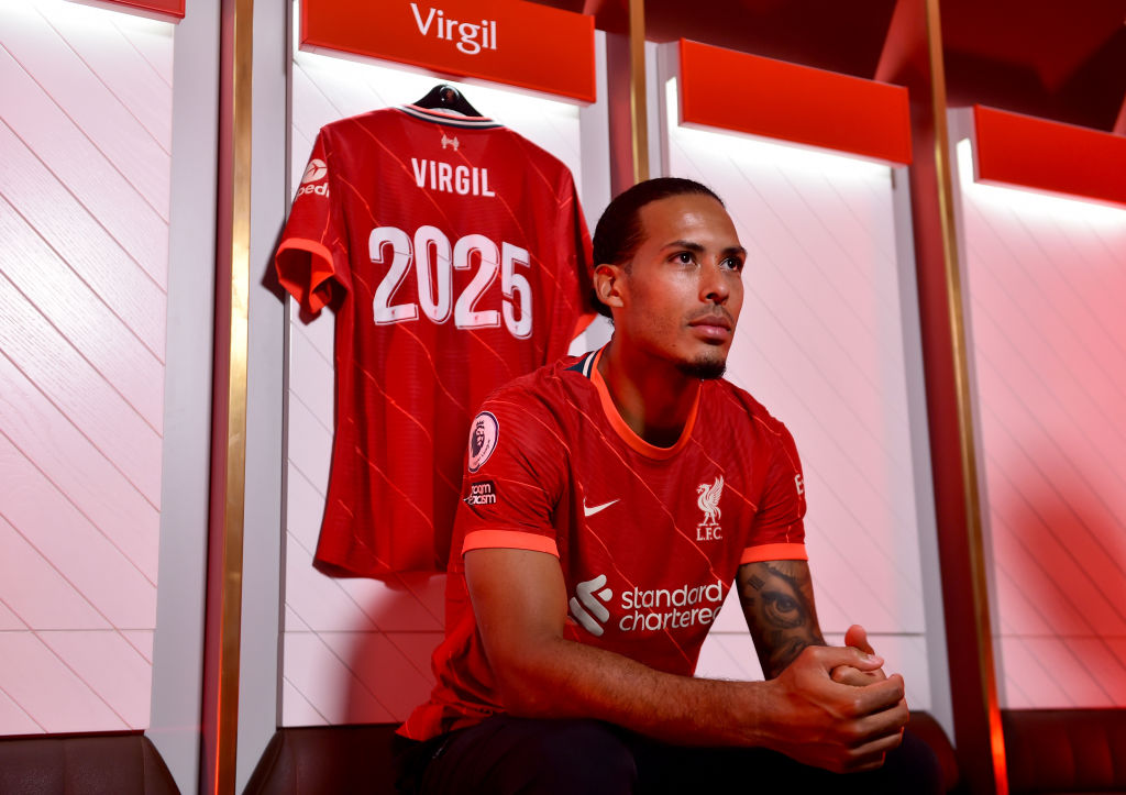 KIRKBY, ENGLAND - AUGUST 13: (THE SUN OUT, THE SUN ON SUNDAY OUT) Virgil van Dijk of Liverpool after signing a new contact for Liverpool Football Club at Anfield on August 13, 2021 in Kirkby, England. (Photo by Andrew Powell/Liverpool FC via Getty Images)