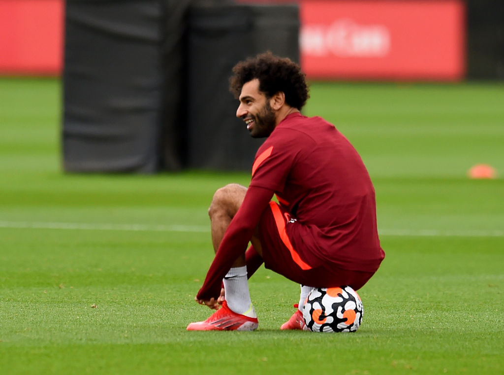 KIRKBY, ENGLAND - AUGUST 17: (THE SUN OUT, THE SUN ON SUNDAY OUT) Mohamed Salah of Liverpool during a training session at AXA Training Centre on August 17, 2021 in Kirkby, England. (Photo by Andrew Powell/Liverpool FC via Getty Images)