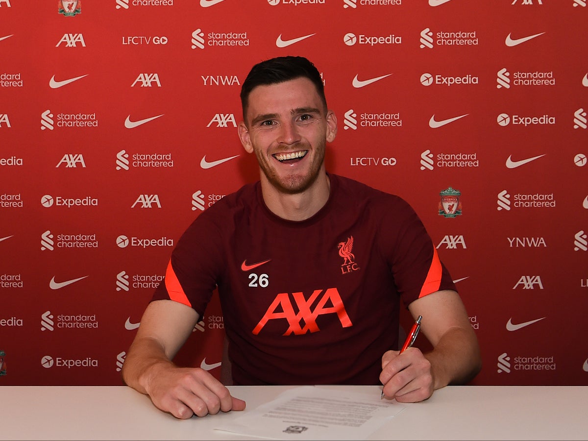 LIVERPOOL, ENGLAND - AUGUST 24: (THE SUN OUT. THE SUN ON SUNDAY OUT) Andy Robertson Signs A Long Term Contract For Liverpool on August 24, 2021 in Liverpool, England. (Photo by John Powell/Liverpool FC via Getty Images)