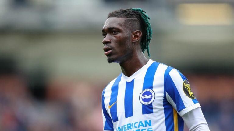 Brighton's Ivorian midfielder Yves Bissouma celebrates after the English Premier League football match between Brighton and Hove Albion and Watford at the American Express Community Stadium in Brighton, southern England on August 21, 2021. (Photo by GLYN KIRK/AFP via Getty Images)