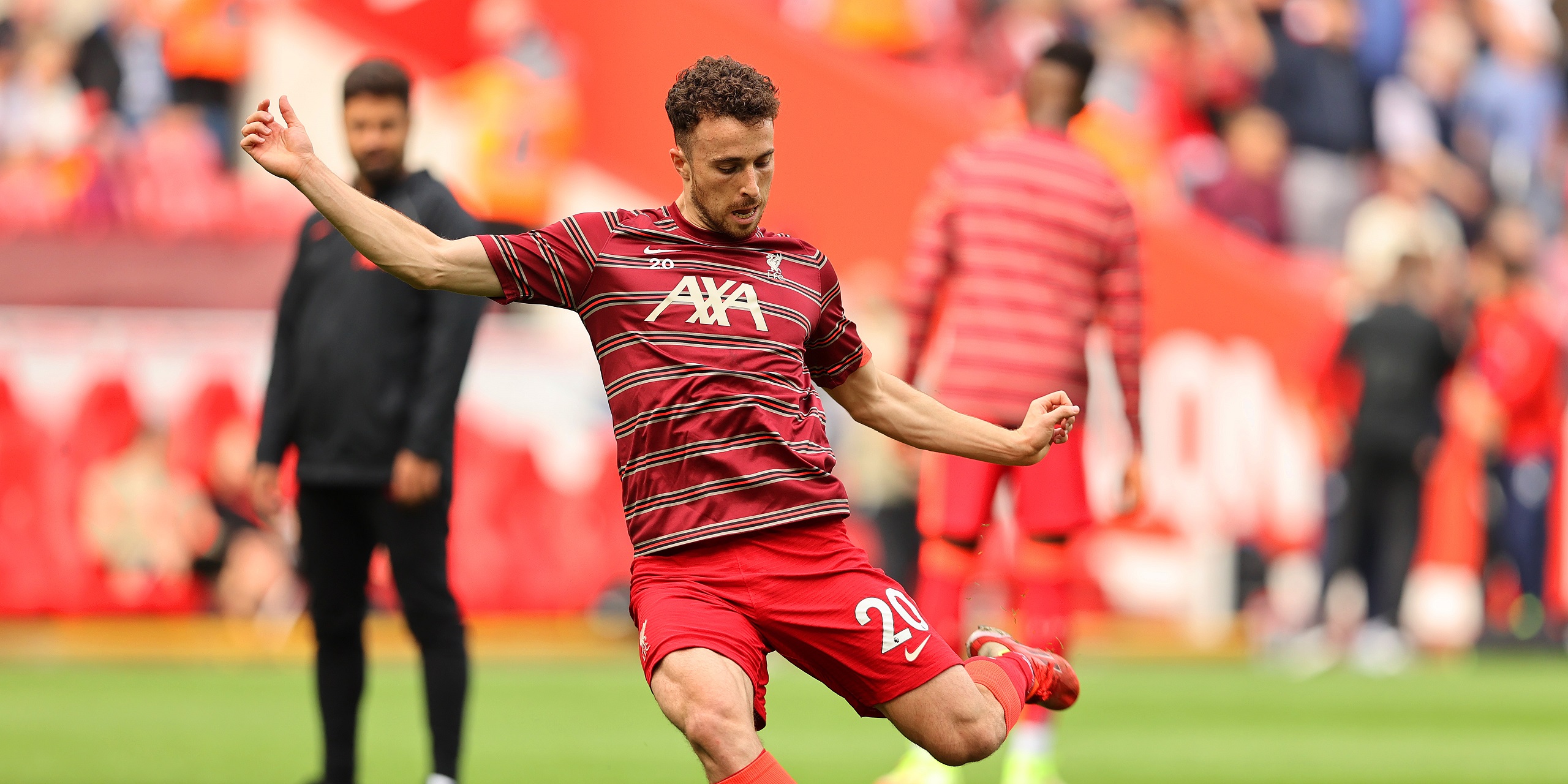 LIVERPOOL, ENGLAND - SEPTEMBER 18: Diogo Jota of Liverpool warms up prior to the Premier League match between Liverpool and Crystal Palace at Anfield on September 18, 2021 in Liverpool, England. (Photo by Clive Brunskill/Getty Images)