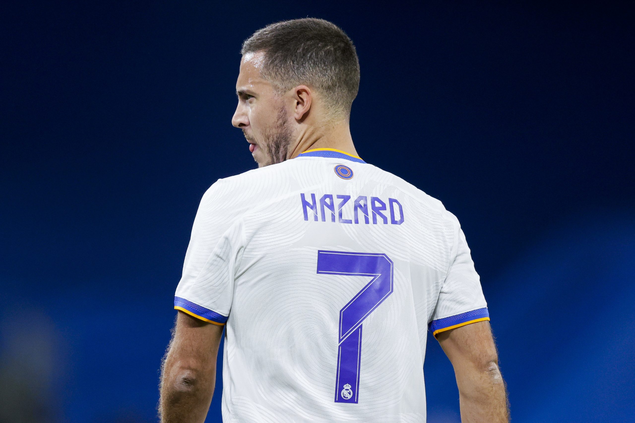 MADRID, SPAIN - SEPTEMBER 28: Eden Hazard of Real Madrid during the UEFA Champions League match between Real Madrid v FC Sheriff Tiraspol at the Estadio Alfredo Di Stefano on September 28, 2021 in Madrid Spain (Photo by David S. Bustamante/Soccrates/Getty Images)