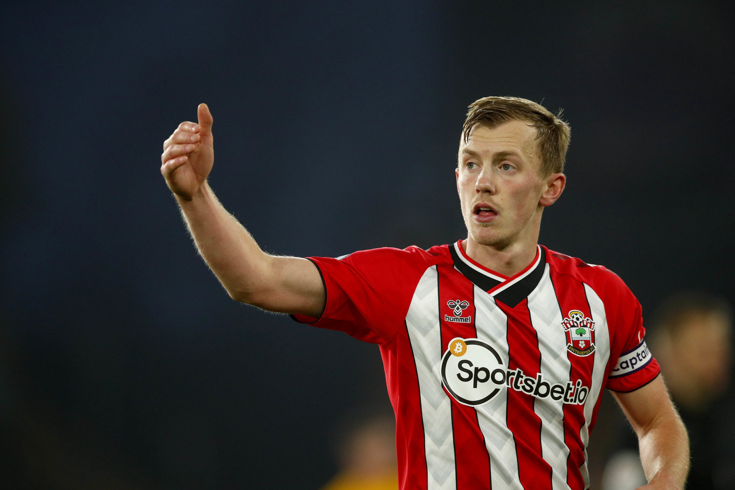 WOLVERHAMPTON, ENGLAND - JANUARY 15: James Ward-Prowse of Southampton reacts during the Premier League match between Wolverhampton Wanderers and Southampton at Molineux on January 15, 2022 in Wolverhampton, England. (Photo by Malcolm Couzens/Getty Images)