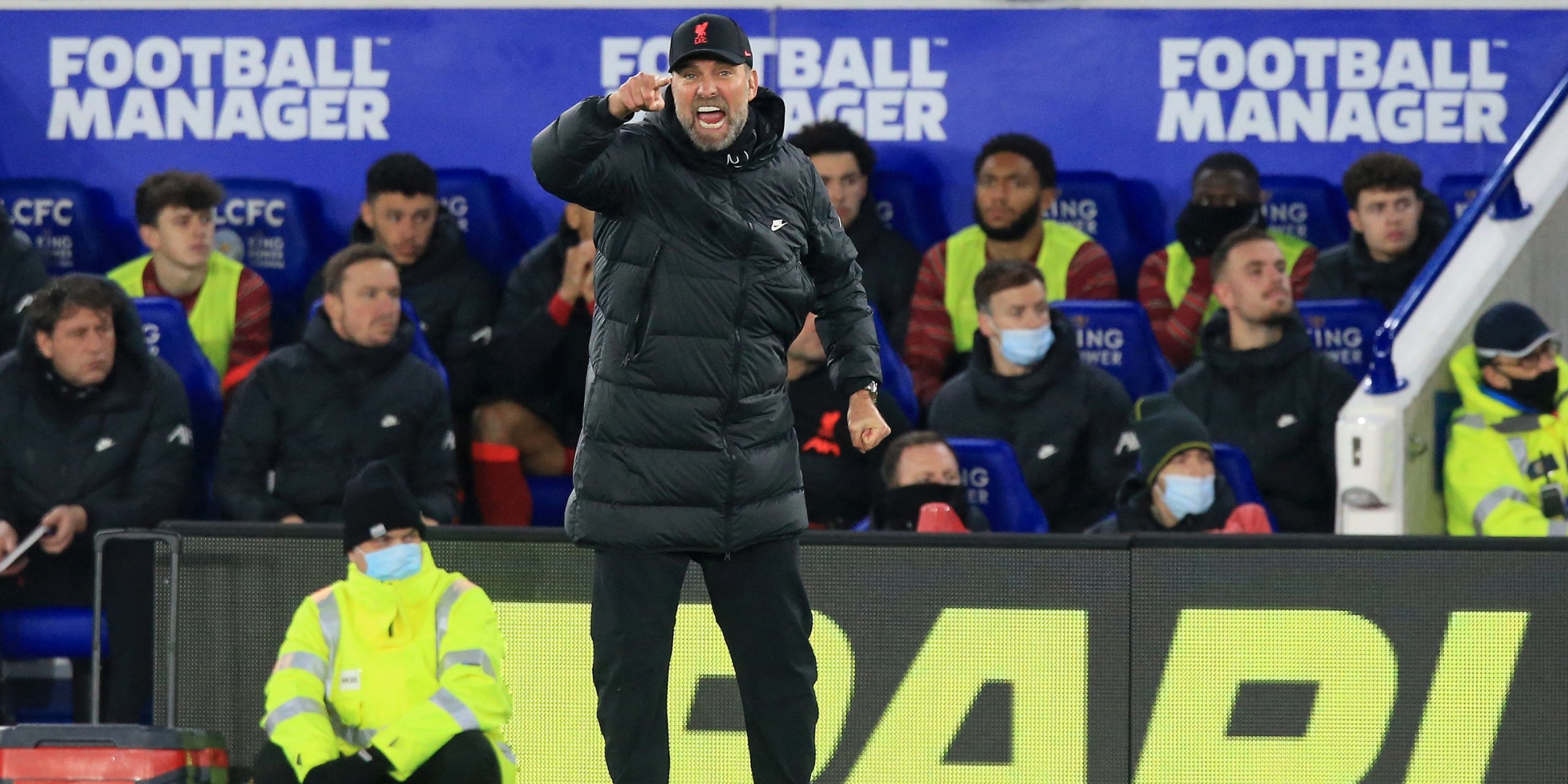 Liverpool German manager Jurgen Klopp reacts during the English Premier League football match between Leicester City and Liverpool at King Power Stadium in Leicester, central England on December 28, 2021. - Leicester won the match 1-0. - RESTRICTED TO EDITORIAL USE. No use with unauthorized audio, video, data, fixture lists, club/league logos or 'live' services. Online in-match use limited to 120 images. An additional 40 images may be used in extra time. No video emulation. Social media in-match use limited to 120 images. An additional 40 images may be used in extra time. No use in betting publications, games or single club/league/player publications. (Photo by Lindsey Parnaby / AFP) / RESTRICTED TO EDITORIAL USE. No use with unauthorized audio, video, data, fixture lists, club/league logos or 'live' services. Online in-match use limited to 120 images. An additional 40 images may be used in extra time. No video emulation. Social media in-match use limited to 120 images. An additional 40 images may be used in extra time. No use in betting publications, games or single club/league/player publications. / RESTRICTED TO EDITORIAL USE. No use with unauthorized audio, video, data, fixture lists, club/league logos or 'live' services. Online in-match use limited to 120 images. An additional 40 images may be used in extra time. No video emulation. Social media in-match use limited to 120 images. An additional 40 images may be used in extra time. No use in betting publications, games or single club/league/player publications. (Photo by LINDSEY PARNABY/AFP via Getty Images)