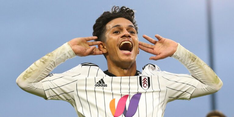 LONDON, ENGLAND - NOVEMBER 20: Fabio Carvalho of Fulham celebrates after scoring their team's second goal during the Sky Bet Championship match between Fulham and Barnsley at Craven Cottage on November 20, 2021 in London, England. (Photo by Jacques Feeney/Getty Images)