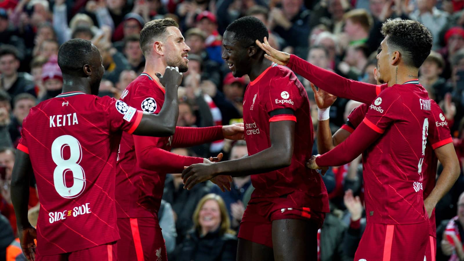 Ibrahima Konate celebrates with Jordan Henderson, Naby Keita and Roberto Firmino