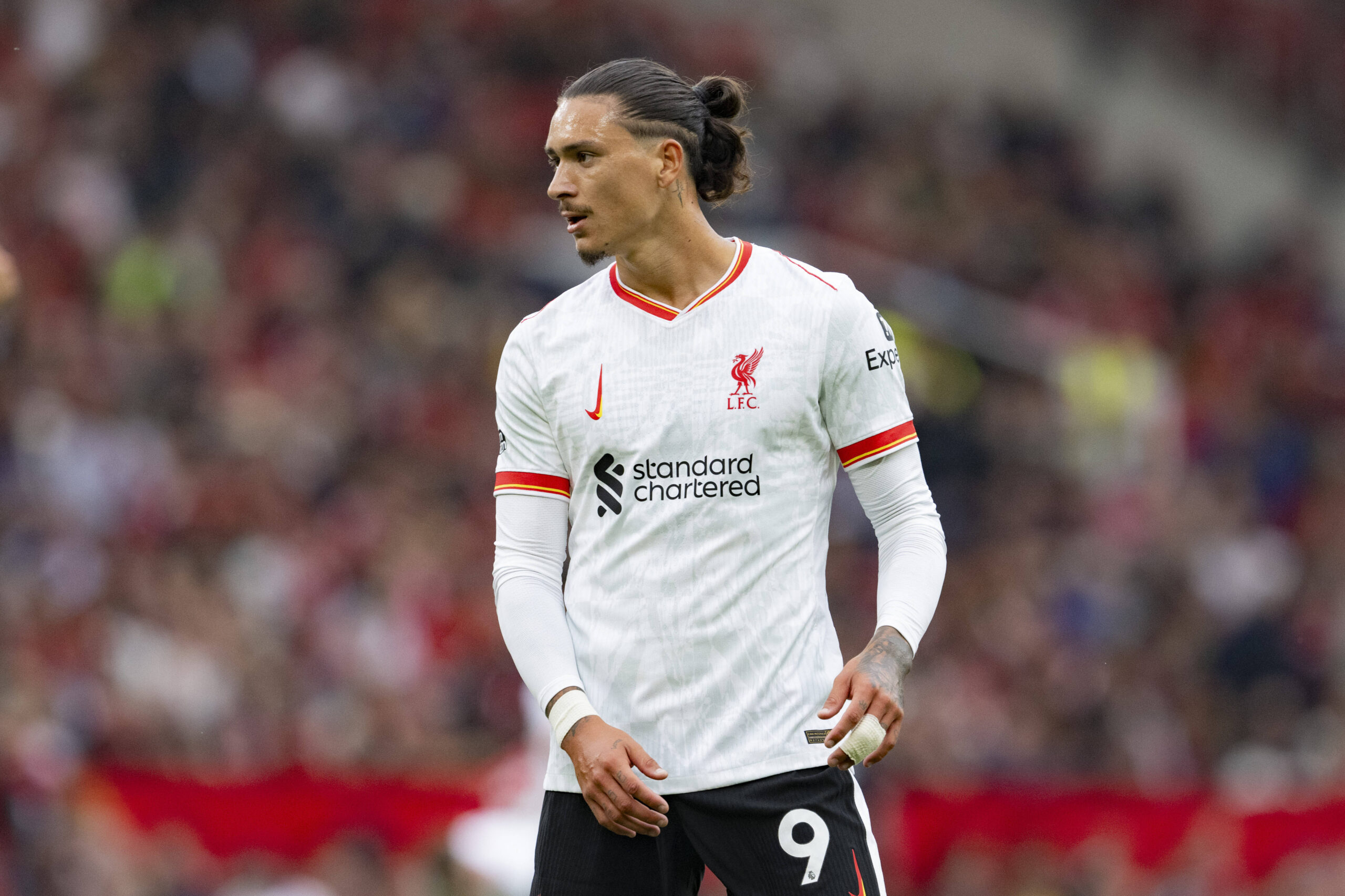 MANCHESTER, ENGLAND - SEPTEMBER 01: Darwin Nunez of Liverpool looks on during the Premier League football match between