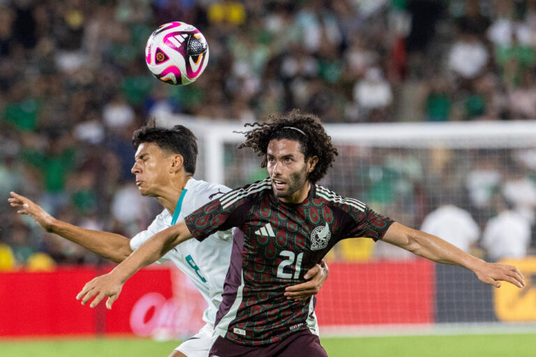 Mextour 2024: Mexico Vs New Zealand in Los Angeles, US - 07 Sep Mexicos César Huerta (R) and New Zealand s Marko Stamen