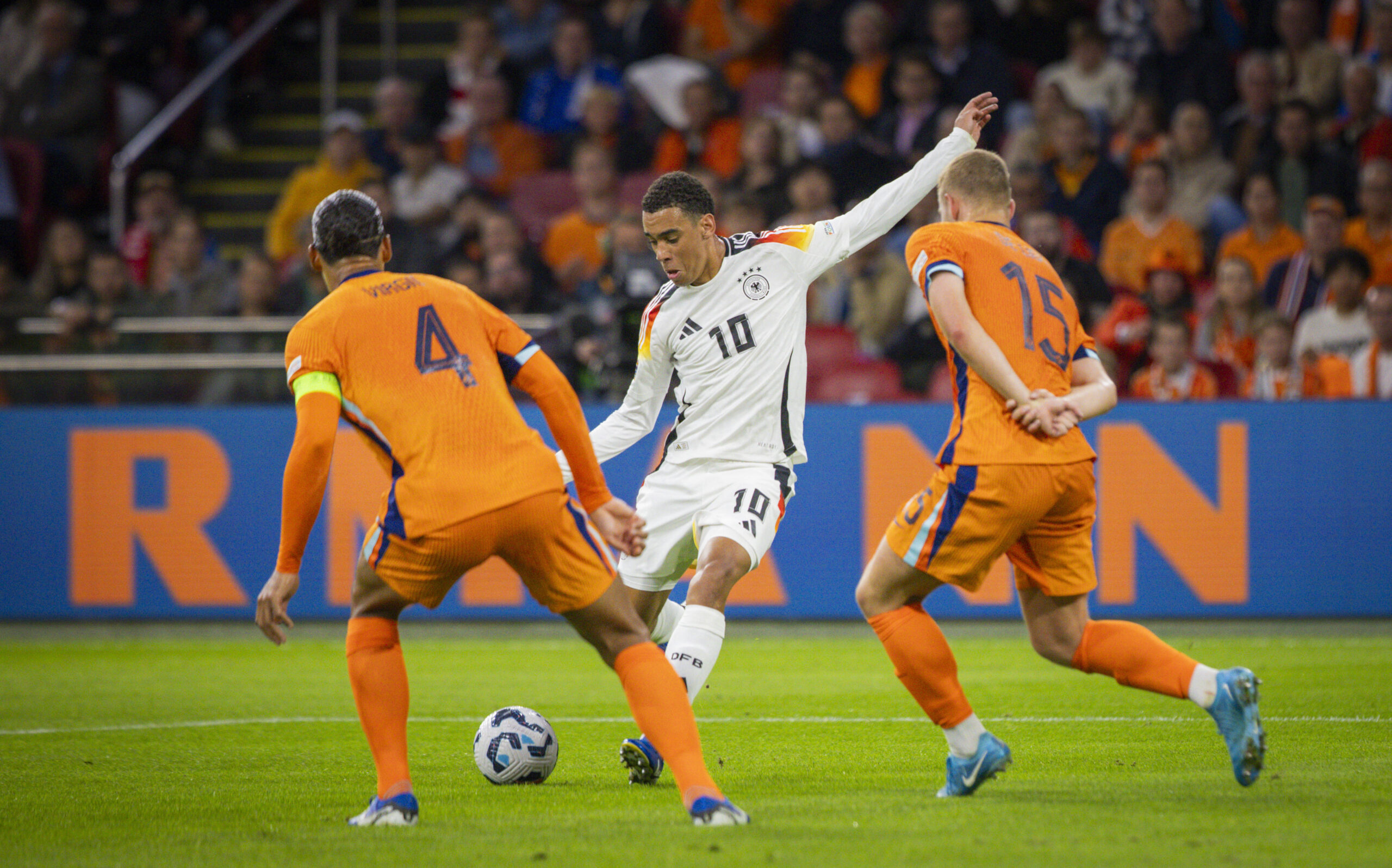 Amsterdam, Netherlands. 10th Sep 2024. Jamal Musiala (DFB) Virgil van Dijk (NED) Matthijs de Ligt (NED) Netherlands - Ge