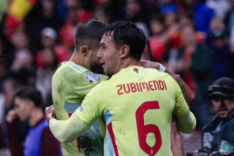 GENEVA, SWITZERLAND - SEPTEMBER 8: Martin Zubimendi of Spain R) celebrates with team during the UEFA Nations League 2024