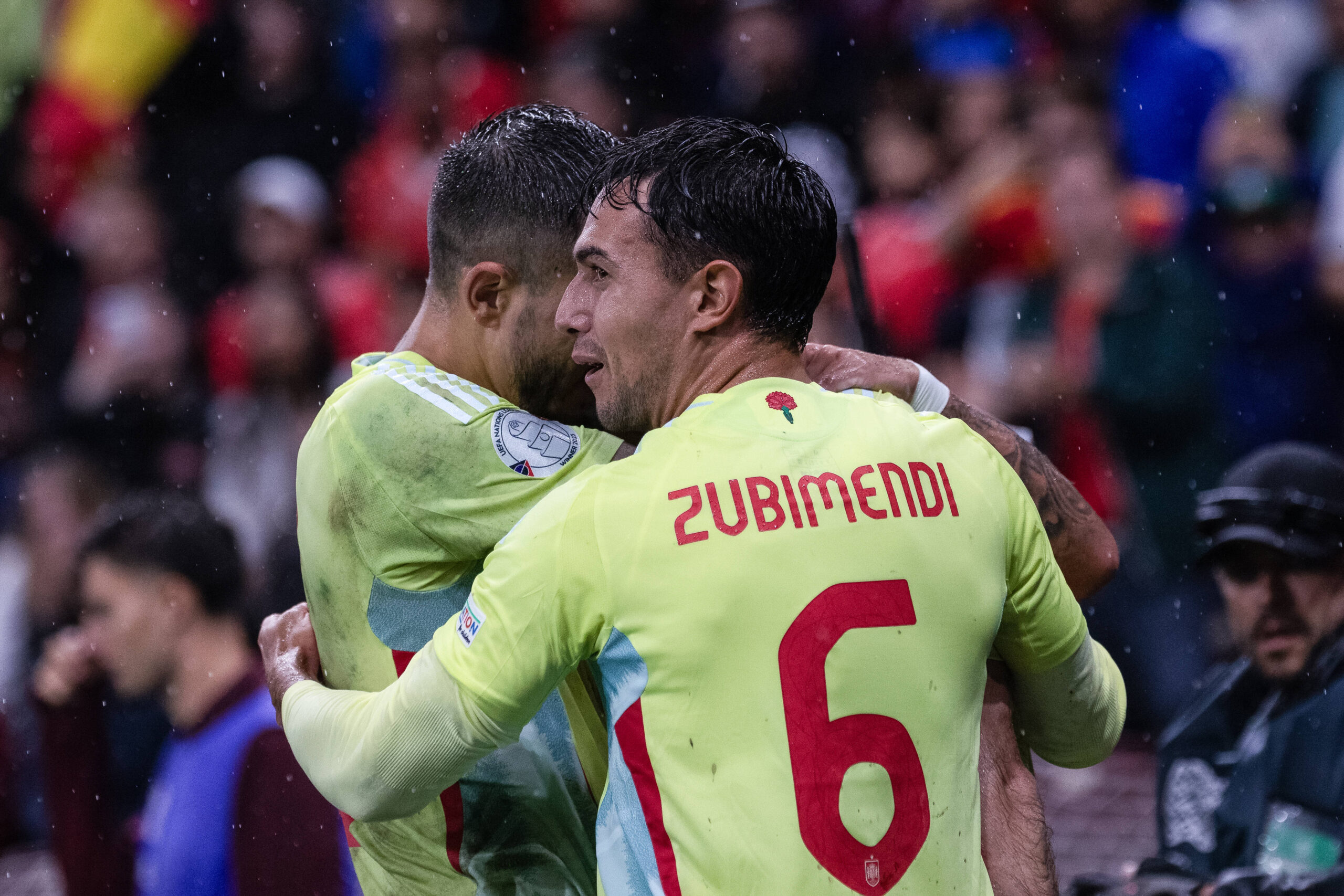 GENEVA, SWITZERLAND - SEPTEMBER 8: Martin Zubimendi of Spain R) celebrates with team during the UEFA Nations League 2024