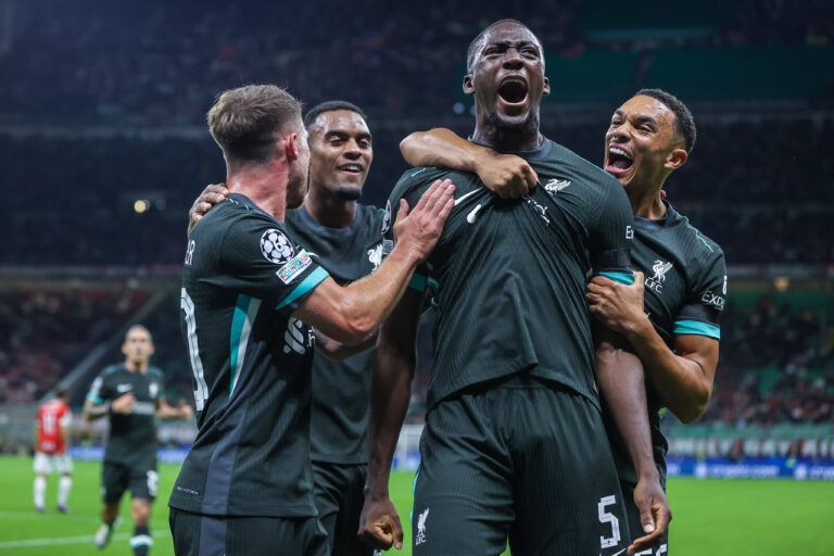 Ibrahima Konate of Liverpool FC celebrates with his team mates after scoring a goal during UEFA Champions League 2024/25