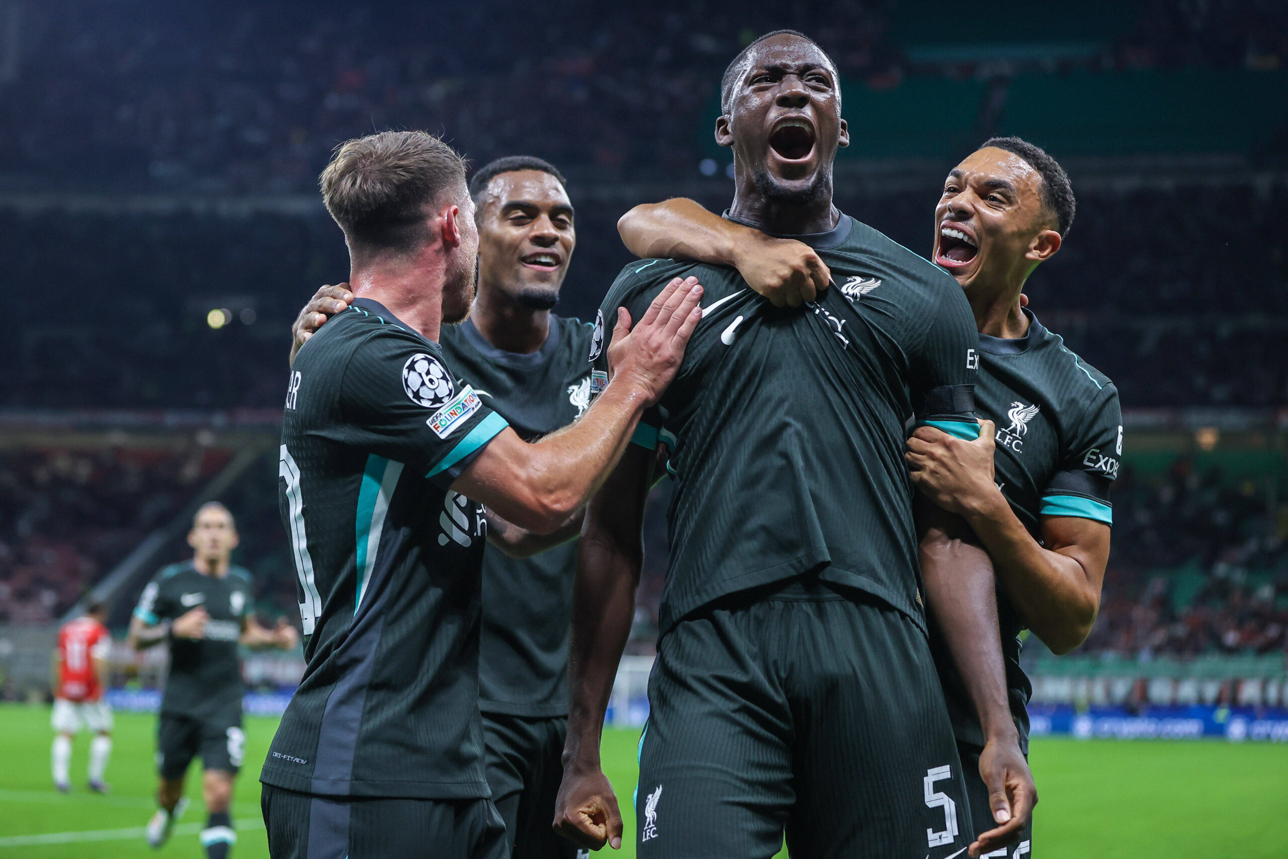 Ibrahima Konate of Liverpool FC celebrates with his team mates after scoring a goal during UEFA Champions League 2024/25