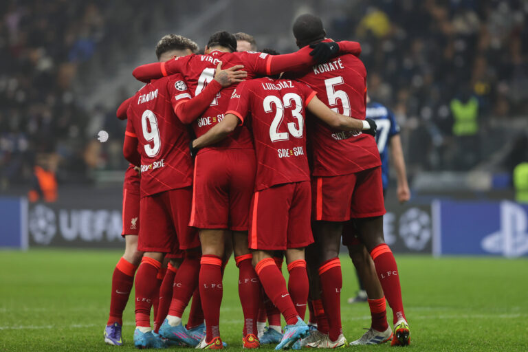 February 16, 2022, Milan, Italy: Mohamed Salah of Liverpool FC celebrates after scoring a goal with Virgil Van Dijk of L