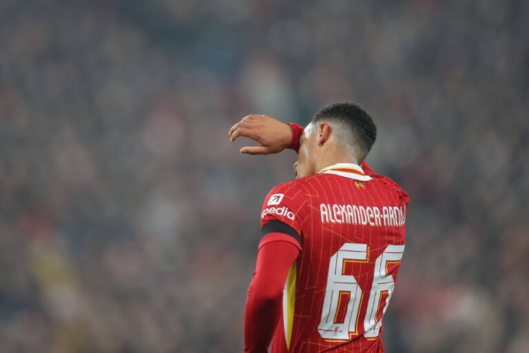 UEFA Champions League, League Stage Liverpool v Bayer 04 Leverkusen Trent Alexander-Arnold of Liverpool wipes his forehe