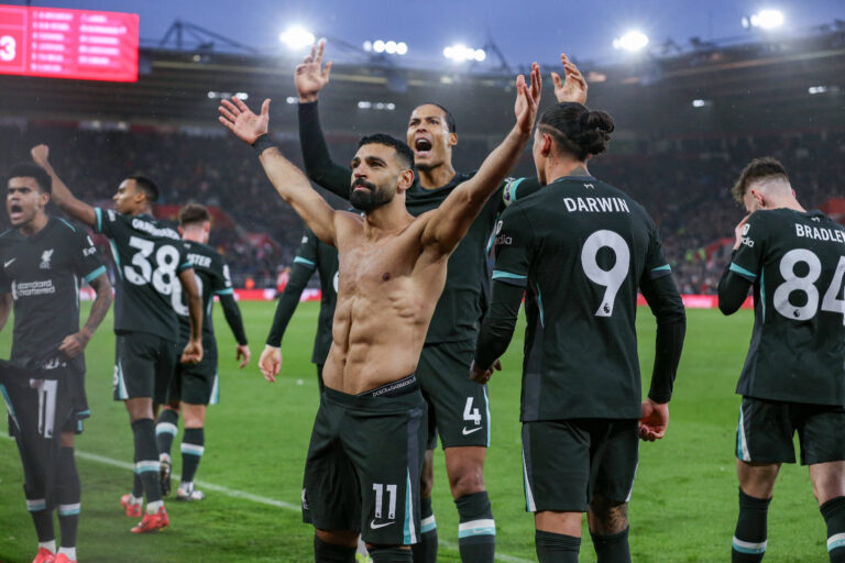 Southampton FC v Liverpool FC Liverpool forward Mohamed Salah (11) scores a GOAL 2-3 and celebrates during the Southampt