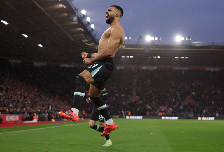 Southampton, England, 24th November 2024. Mohamed Salah of Liverpool celebrates after scoring to make it 3-2 during the