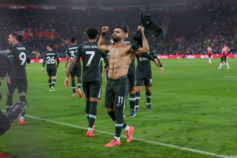 Southampton FC v Liverpool FC Liverpool forward Mohamed Salah (11) scores a GOAL 2-3 and celebrates in front of fans dur