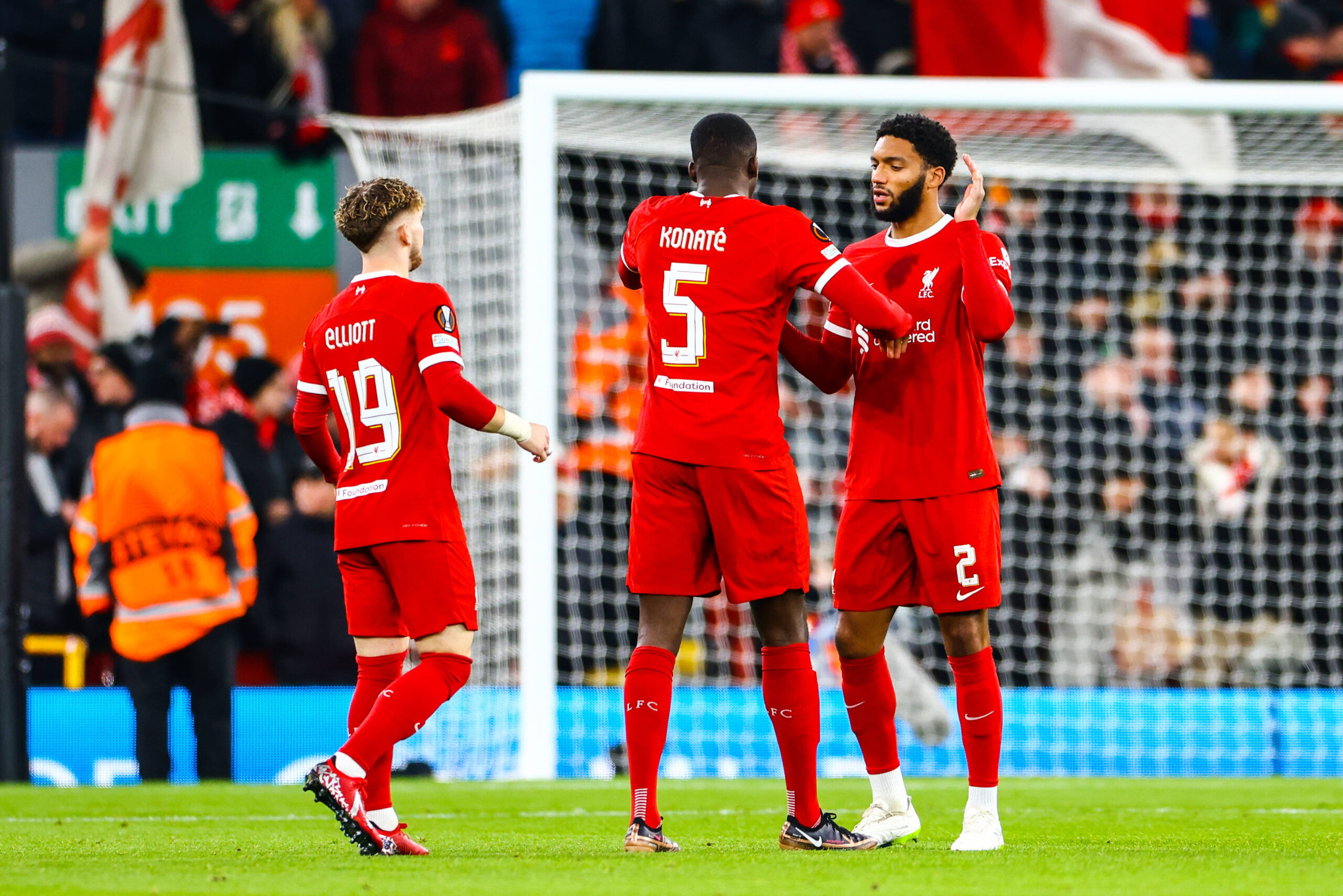 Liverpool FC v LASK FC Harvey Elliott, Ibrahima Konate and Joe Gomez of Liverpool prepare kick off during the Liverpool