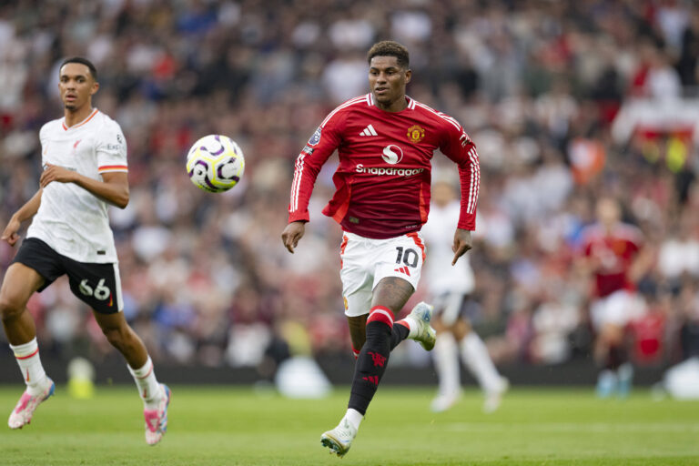 MANCHESTER, ENGLAND - SEPTEMBER 01: Marcus Rashford of Manchester United, ManU chases the ball during the Premier League