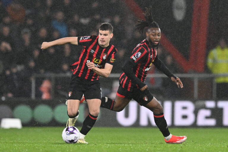 Bournemouth v Crystal Palace Premier League 02/04/2024. Milos Kerkez (3) of AFC Bournemouth on the attack with Antoine S