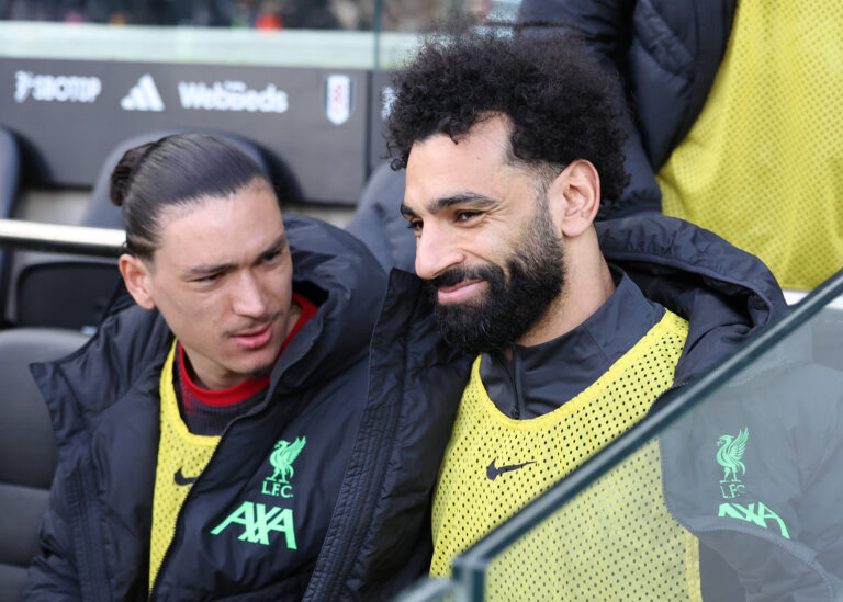 London, England, 21st April 2024. Darwin Nunez of Liverpool and Mohamed Salah of Liverpool start the game on the bench d