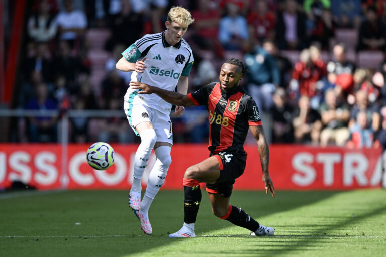 Bournemouth v Newcastle United Premier League Anthony Gordon of Newcastle United and Antoine Semenyo of Bournemouth duri