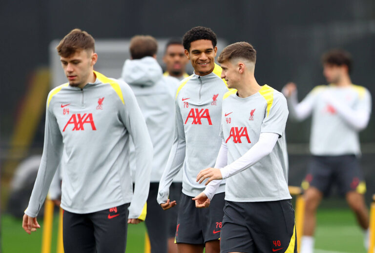 Liverpool at AXA Training Centre, Liverpool. Jarell Quansah talks to Tyler Morton of Liverpool during a training session