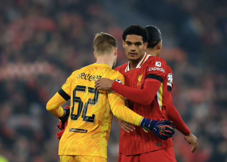 Liverpool, England, 5th November 2024. Jarell Quansah of Liverpool celebrates with Caoimhin Kelleher of Liverpool during