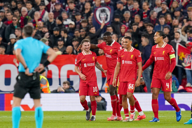 Liverpool FC v Bologna FC Liverpool midfielder Alexis Mac Allister (10) scores a GOAL 1-0 and celebrates with Liverpool