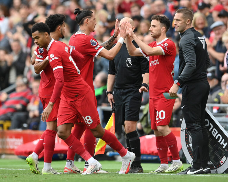 Liverpool, England, 24th September 2023. Darwin Nunez and Luis Diaz of Liverpool are taken off for Cody Gakpo and Diogo