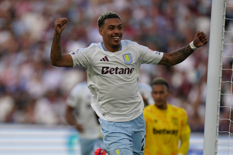 West Ham United FC v Aston Villa FC Morgan Rodgers of Aston Villa celebrating Jhon Duran of Aston Villa goal to make it